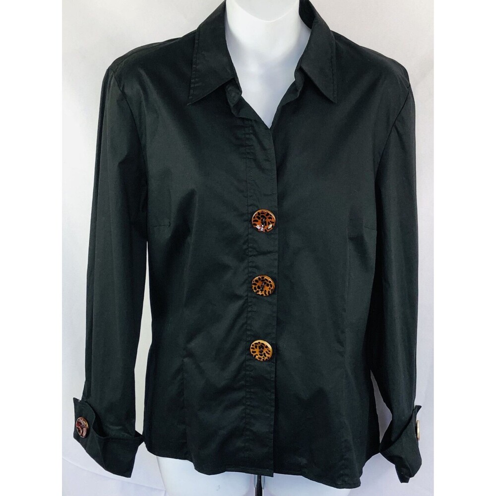 nwot spence top L blk Lg leopard buttons Cuffed Long Sleeve Career Glam 90s Y2K